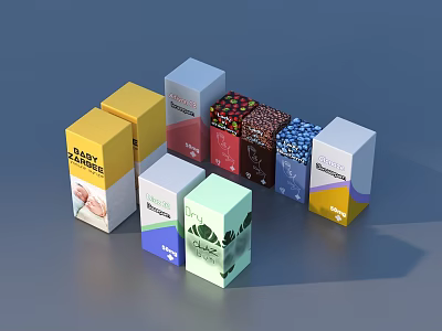Household Products Packaging Boxes With Various Colors And Designs Like Dairy Dressing And Coffee 3d model
