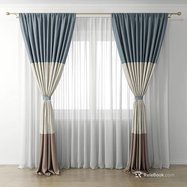 Modern Blue Beige Brown Color Block Curtains With Sheer Curtain Tied Design 3d model 
