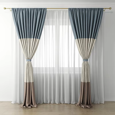 Modern Blue Beige Brown Color Block Curtains With Sheer Curtain Tied Design 3d model