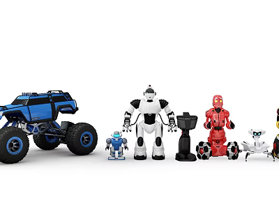 Assorted Electric Toys Collection Including Blue Off Road Vehicle White And Red Robots 3d model
