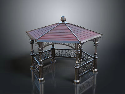 Elegant Metal Gazebo Featuring Red Roof Ornate Railings And Decorative Pillars 3d model