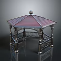 Elegant Metal Gazebo Featuring Red Roof Ornate Railings And Decorative Pillars