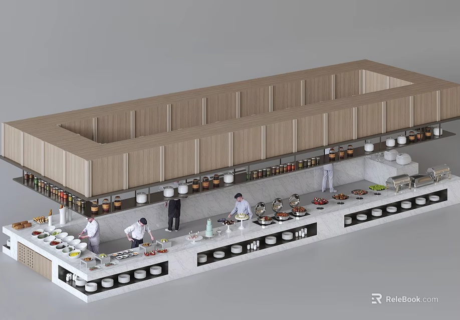 Restaurant Buffet Counter With Wooden And Marble Design And People Serving Various Food 3d model 