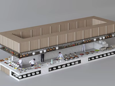 Restaurant Buffet Counter With Wooden And Marble Design And People Serving Various Food 3d model