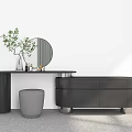 Modern Black Dressing Table With Round Mirror Green Plant And Grey Stool 3d model