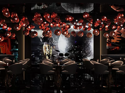 Modern Bar Interior Design With Red Pendant Lights Comfortable Seats And Stylish Ambient Decor 3d model