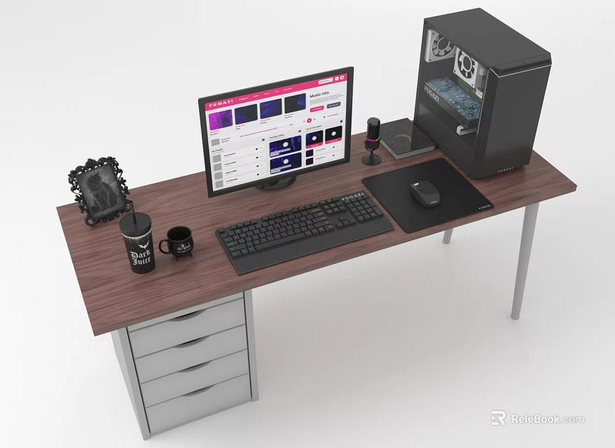 Wooden Office Desk With Computer Monitor PC Tower Keyboard Mouse Mug And Drawer Cabinet 3d model 