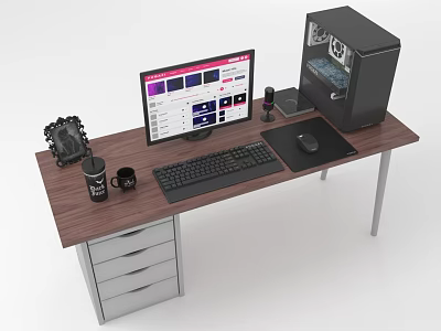 Wooden Office Desk With Computer Monitor PC Tower Keyboard Mouse Mug And Drawer Cabinet 3d model