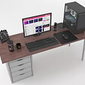 Wooden Office Desk With Computer Monitor PC Tower Keyboard Mouse Mug And Drawer Cabinet