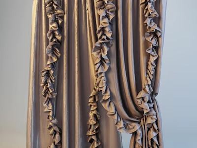 Luxurious Gray Curtains with Ruffled Edges and Shiny Velvet Fabric 3d model