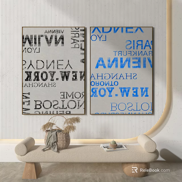 Wall Art Decor with City Names in Black White Blue for Living Room Interior 3d model 