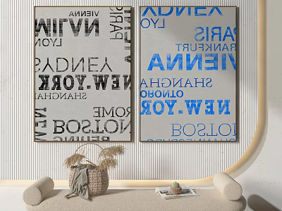 Wall Art Decor with City Names in Black White Blue for Living Room Interior 3d model
