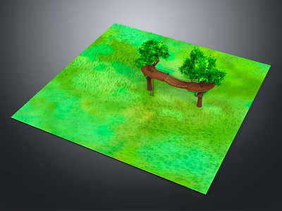 Green Grassland Featuring Wooden Bench And Two Trees In Scenic View 3d model