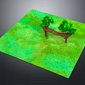 Green Grassland Featuring Wooden Bench And Two Trees In Scenic View