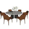 Modern Round Dining Table Set With White Marble Top Black Base And Brown Leather Chairs 3d model