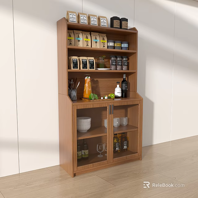 Wooden Sideboard Featuring Coffee Bags Spices Kitchen Utensils And Storage Cabinets 3d model 