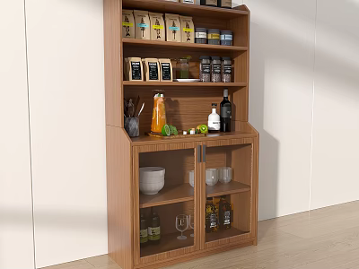 Wooden Sideboard Featuring Coffee Bags Spices Kitchen Utensils And Storage Cabinets 3d model