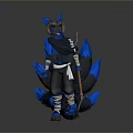 Fantasy Game Character With Blue Fox Ears Tail And Spear In Dark Outfit