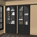 Elegant Modern Black Bookcase Interior Design With Glass Doors Books Decorations And Drawers