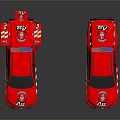 Two Red Emergency Vehicles With Roof Mounted Equipment And Striped Body Design