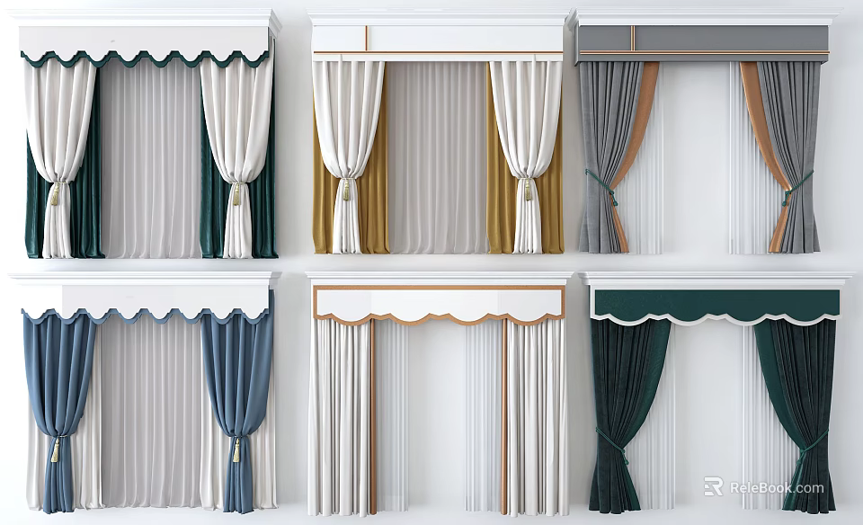 Various Stylish Curtains With Scalloped Straight Valances Tassels And Colorful Designs 3d model 