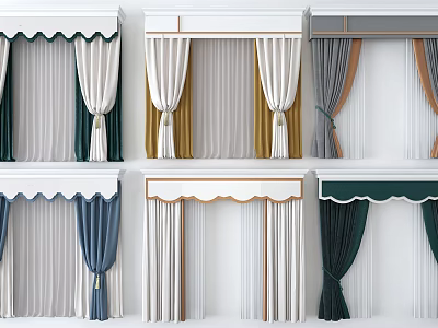 Various Stylish Curtains With Scalloped Straight Valances Tassels And Colorful Designs 3d model