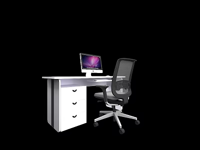 Modern White Office Desk With Three Drawers Computer Monitor And Office Chair 3d model