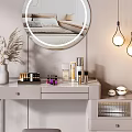 Modern Dressing Table With Round Mirror Stool Makeup Products Pendant Lights And Green Plants