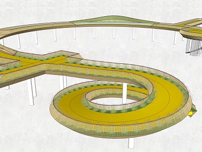 Modern Landscape Bridge With Spiral Design Yellow Deck Green Vegetation And White Pillars 3d model