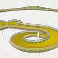 Modern Landscape Bridge With Spiral Design Yellow Deck Green Vegetation And White Pillars