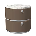 Modern Round Bedside Table With Two Brown Drawers Metal Ring Handles And White Marble Top