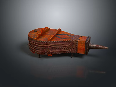 Orange Red Wooden Equipment With Intricate Carved Patterns And Pointed Tip 3d model