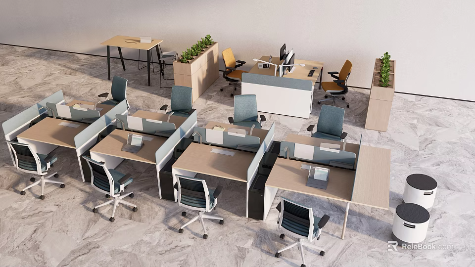 Modern Office Desks with Cubicle Workstations Office Chairs Green Plants and Computers 3d model 