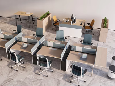 Modern Office Desks with Cubicle Workstations Office Chairs Green Plants and Computers 3d model
