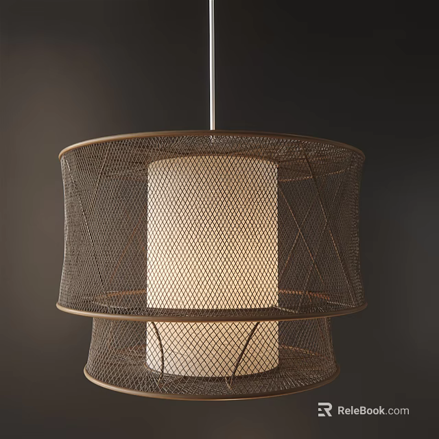 Stylish Pendant Light With Bronze Wire Mesh Frame And White Cylindrical Shade 3d model