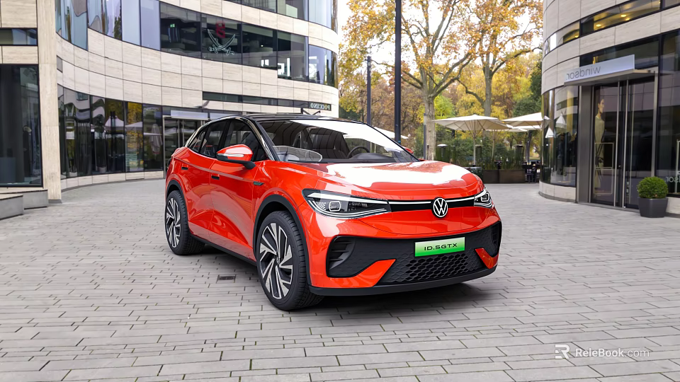Red Volkswagen ID5 Electric SUV in Urban Setting With Modern Buildings And Trees 3d model 