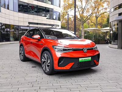 Red Volkswagen ID5 Electric SUV in Urban Setting With Modern Buildings And Trees 3d model