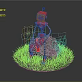 Red Robot Character Sitting On Rock Surrounded By Green Grass 3d model