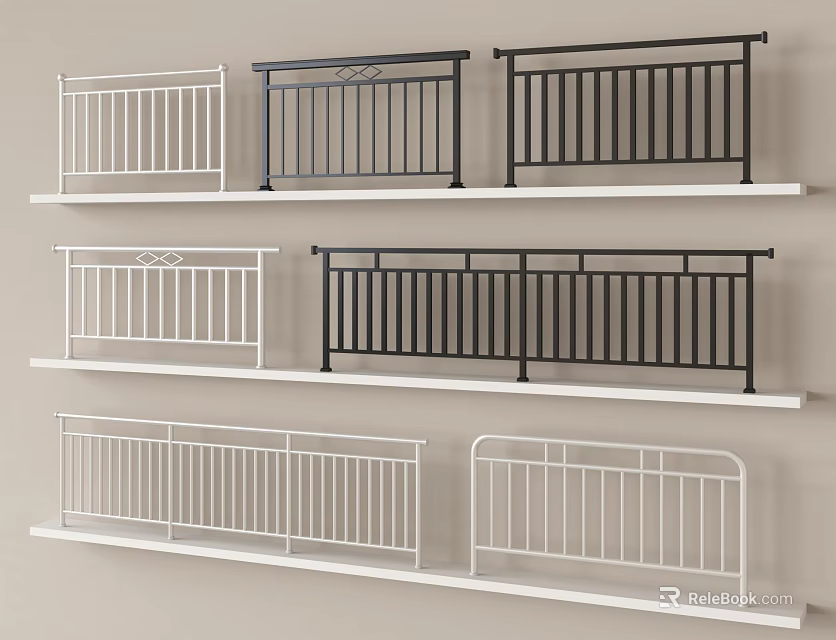 Different Styles And Colors Of Railings On Shelves 3d model 