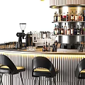 Modern Bar Interior With Circular Counter Gold Sphere Chandelier And Black Bar Stools
