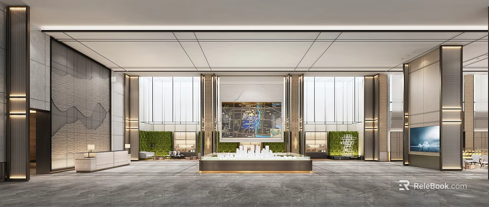 Modern Sales Office Interior With Spacious Design Model Display And Green Plants 3d model