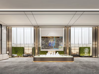 Modern Sales Office Interior With Spacious Design Model Display And Green Plants 3d model