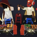 Colorful Cartoon Characters Gathered Around Dining Table With Food And Lit Lanterns