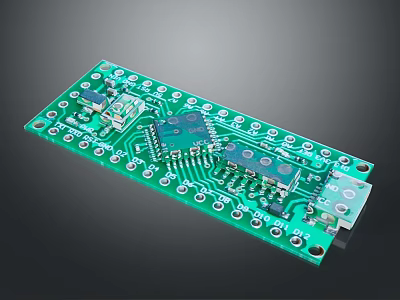 Green Printed Circuit Board For Computer With Electronic Chips And Components 3d model