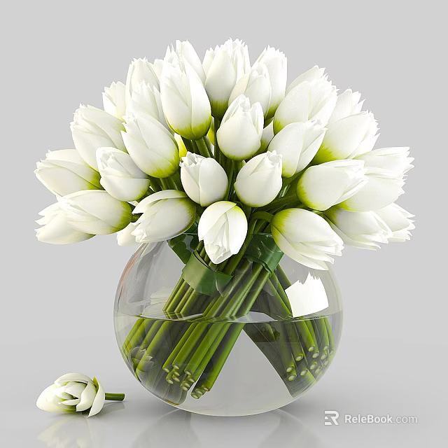 White Tulips Arrangement in Clear Glass Vase with Water and Fallen Bloom 3d model 
