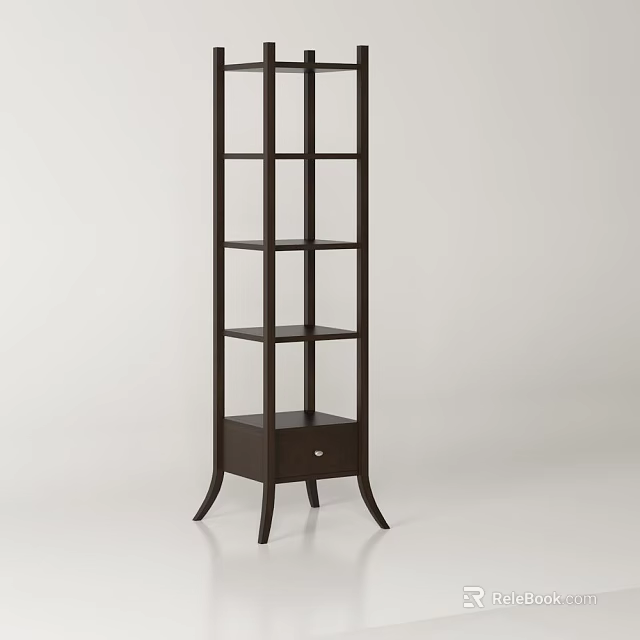Dark Brown Minimalist Bookshelf with Open Shelves Drawer and Slender Legs 3d model 