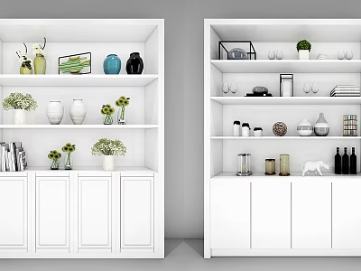 Modern White Display Cabinet With Shelves Holding Vases Plants Photo Frames And Ornaments 3d model