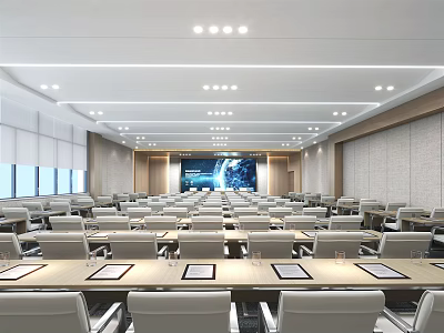 Modern Conference Room With Rows Of Desks Chairs Large Screen Windows And Ceiling Lighting 3d model