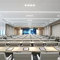 Modern Conference Room With Rows Of Desks Chairs Large Screen Windows And Ceiling Lighting