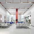Modern Restaurant Interior Design With Blue White Chairs Red Column And Large Windows 3d model